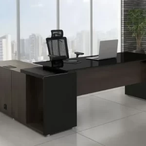 Mesa em L com Tampo de Vidro e Bancada Acoplada Armário Modulado Linha Edge COD 277