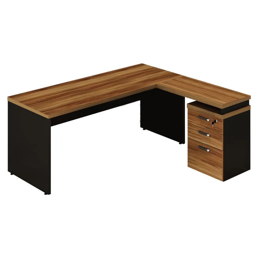Mesa Escritório em L com Gaveteiro Fixo Acoplado 3 Gaveta e Chave COD 388
