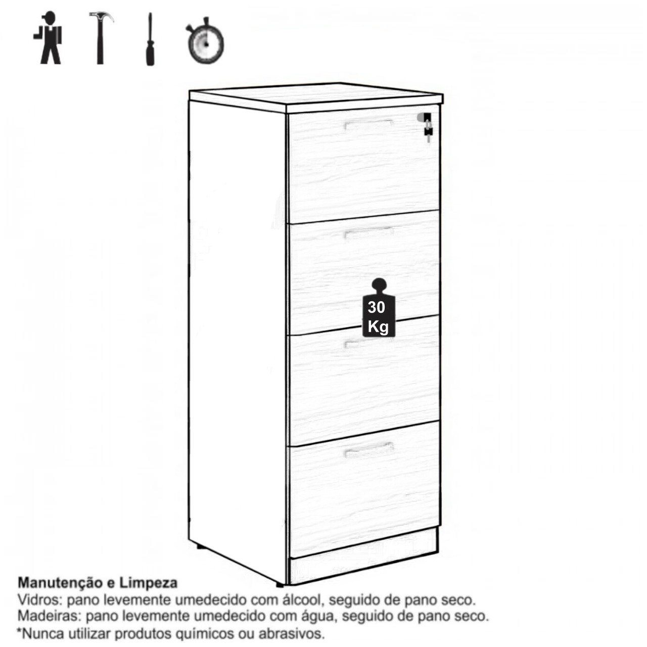 Arquivo 04 Gavetas Pasta Suspensa - 1,28x0,47x0,45m - MALAGA/PRETO COD 503 - Imagem 3